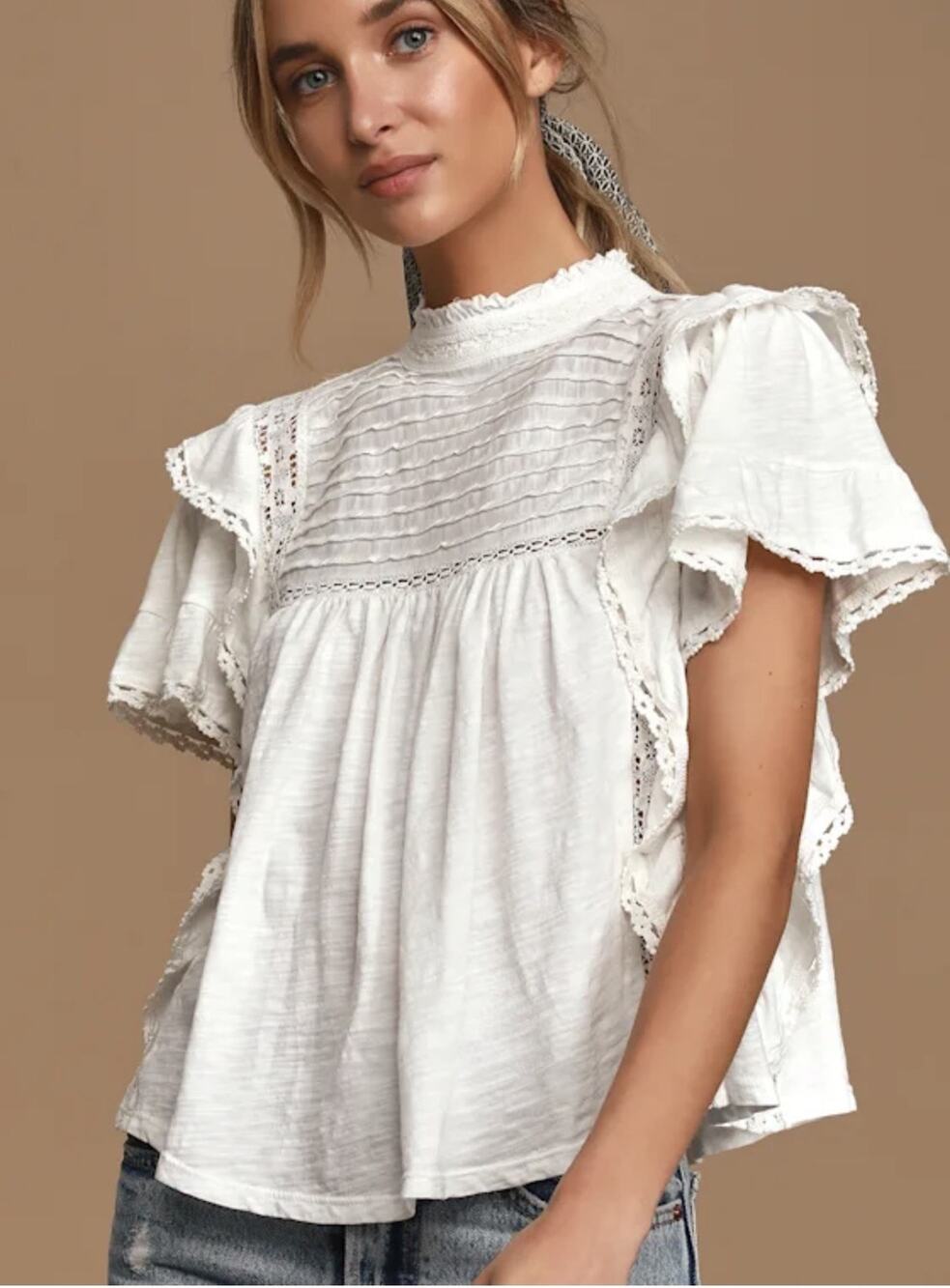 Free People Women’s M Le Femme Ivory Ruffled Short Sleeve Tee Lace Flowy Blouse